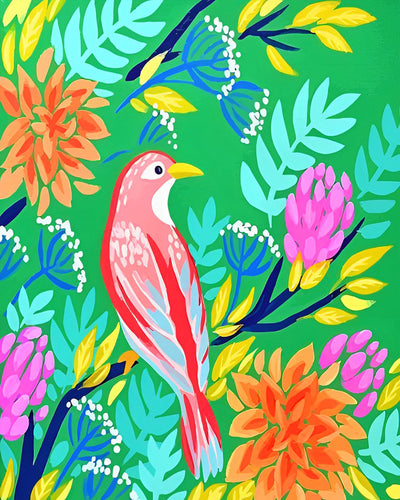 Oiseau Rose Dessin Animé sur la Branche Broderie Diamant
