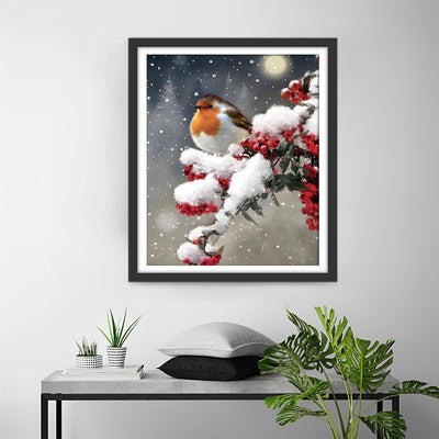 Oiseau sur un Arbre à Baies dans la Neige Broderie Diamant