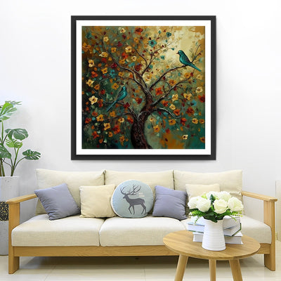 Oiseau Vert sur un Arbre Fleuri Broderie Diamant