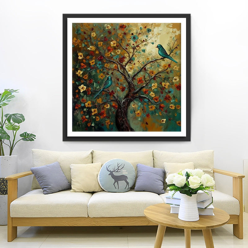 Oiseau Vert sur un Arbre Fleuri Broderie Diamant