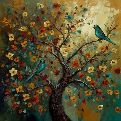 Oiseau Vert sur un Arbre Fleuri Broderie Diamant