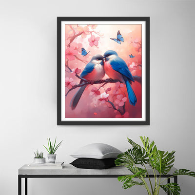 Oiseaux Amoureux sur un Arbre à Fleurs Roses Broderie Diamant
