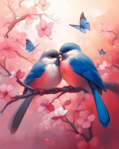 Oiseaux Amoureux sur un Arbre à Fleurs Roses Broderie Diamant