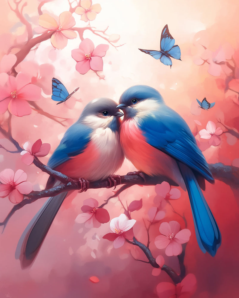 Oiseaux Amoureux sur un Arbre à Fleurs Roses Broderie Diamant