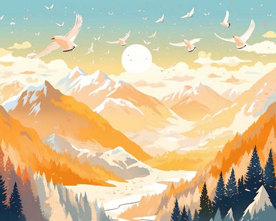 Oiseaux Blancs Volant Au-dessus Des Hautes Montagnes Broderie Diamant