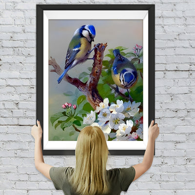 Oiseaux Bleus et Fleurs Blanches Broderie Diamant