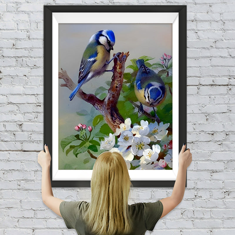 Oiseaux Bleus et Fleurs Blanches Broderie Diamant