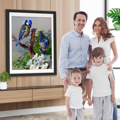 Oiseaux Bleus et Fleurs Blanches Broderie Diamant