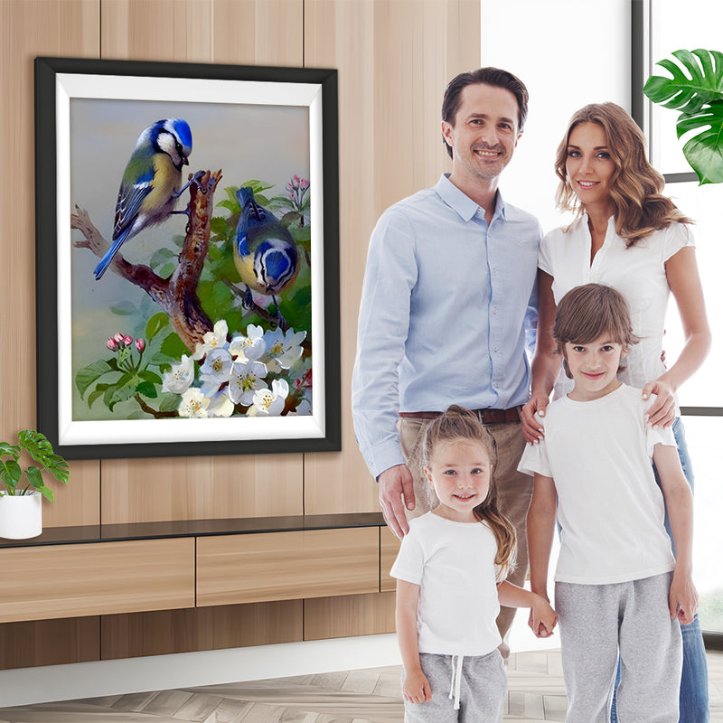 Oiseaux Bleus et Fleurs Blanches Broderie Diamant