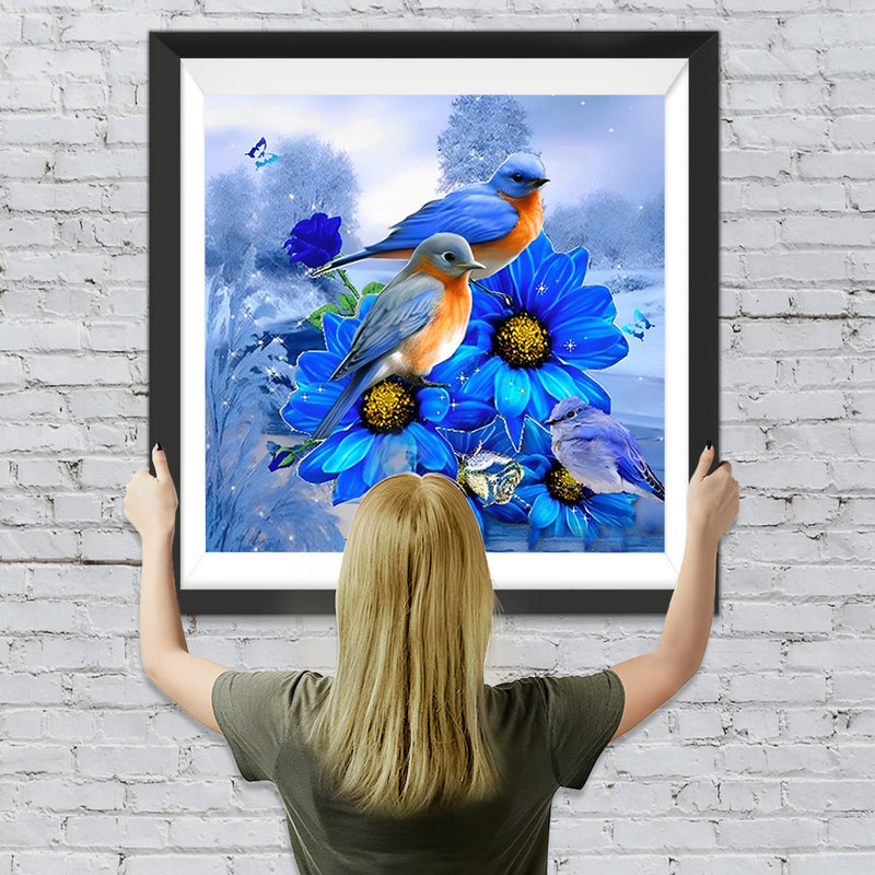 Oiseaux Bleus et Oranges et Fleurs Bleues Broderie Diamant