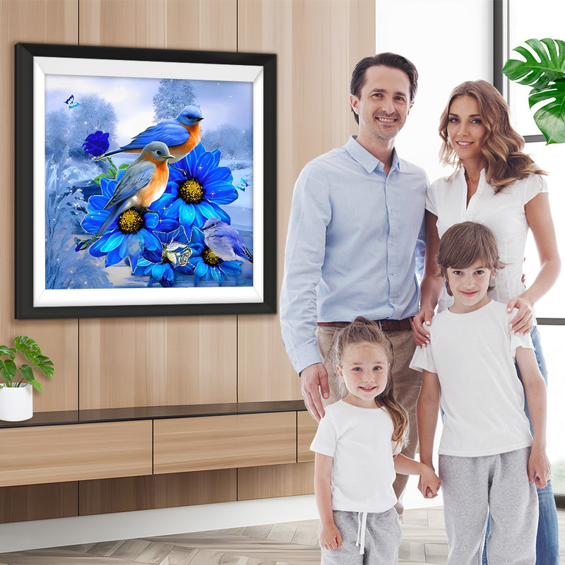 Oiseaux Bleus et Oranges et Fleurs Bleues Broderie Diamant