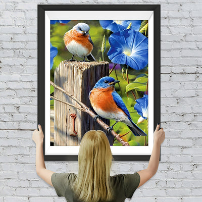 Oiseaux Bleus et Rouges avec des Ipomées du Nil Bleues Broderie Diamant