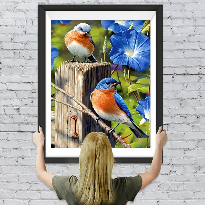 Oiseaux Bleus et Rouges avec des Ipomées du Nil Bleues Broderie Diamant