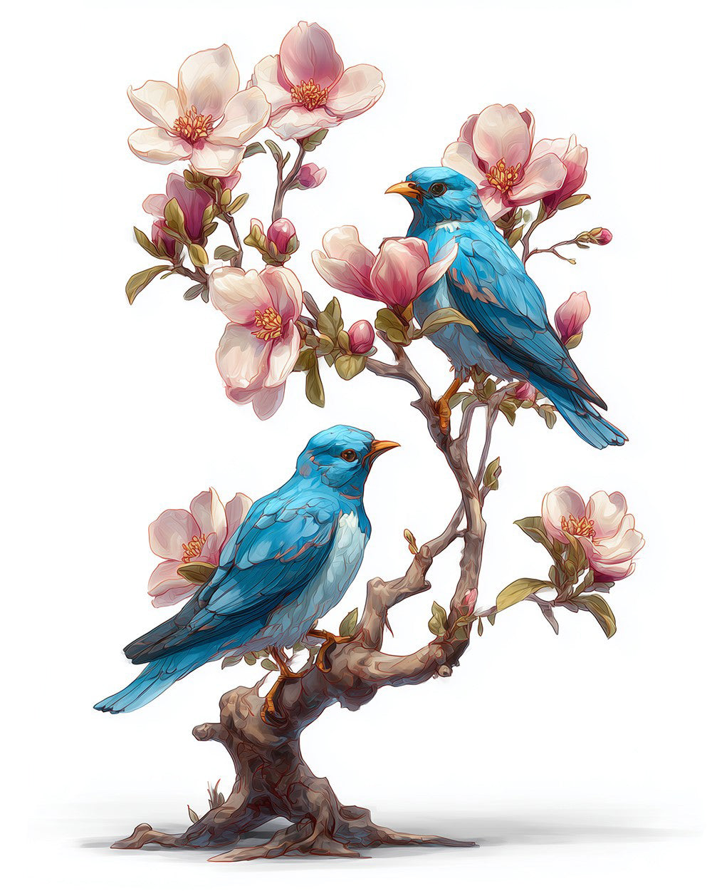 Oiseaux Bleus sur une Branche de Magnolia Broderie Diamant