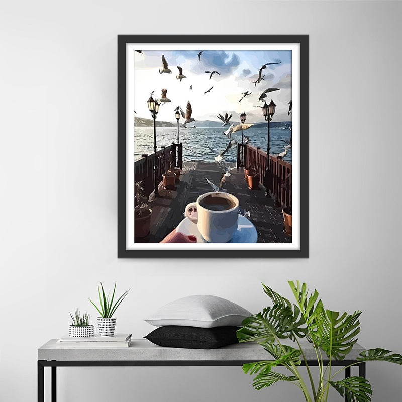 Oiseaux et Cafe au Bord de la Mer Broderie Diamant