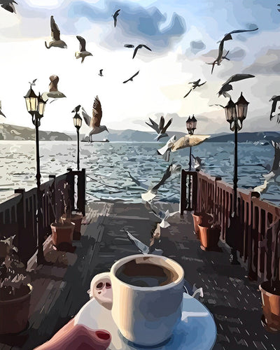 Oiseaux et Cafe au Bord de la Mer Broderie Diamant