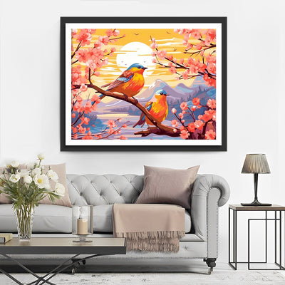 Oiseaux, Fleur et Coucher de Soleil Broderie Diamant