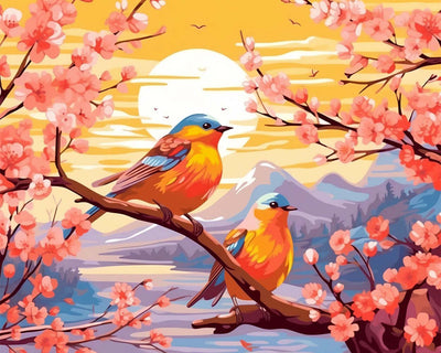 Oiseaux, Fleur et Coucher de Soleil Broderie Diamant
