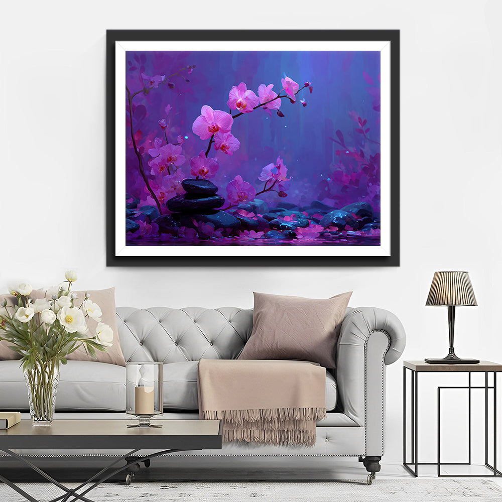 Orchidées Phalaenopsis sur Fond Bleu-Violet Rêveur Broderie Diamant