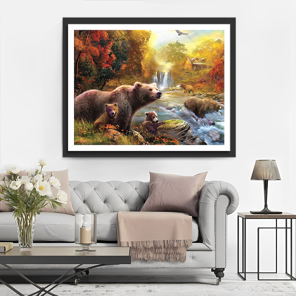 Ours au Bord de la Rivière en Forêt Automnale Broderie Diamant