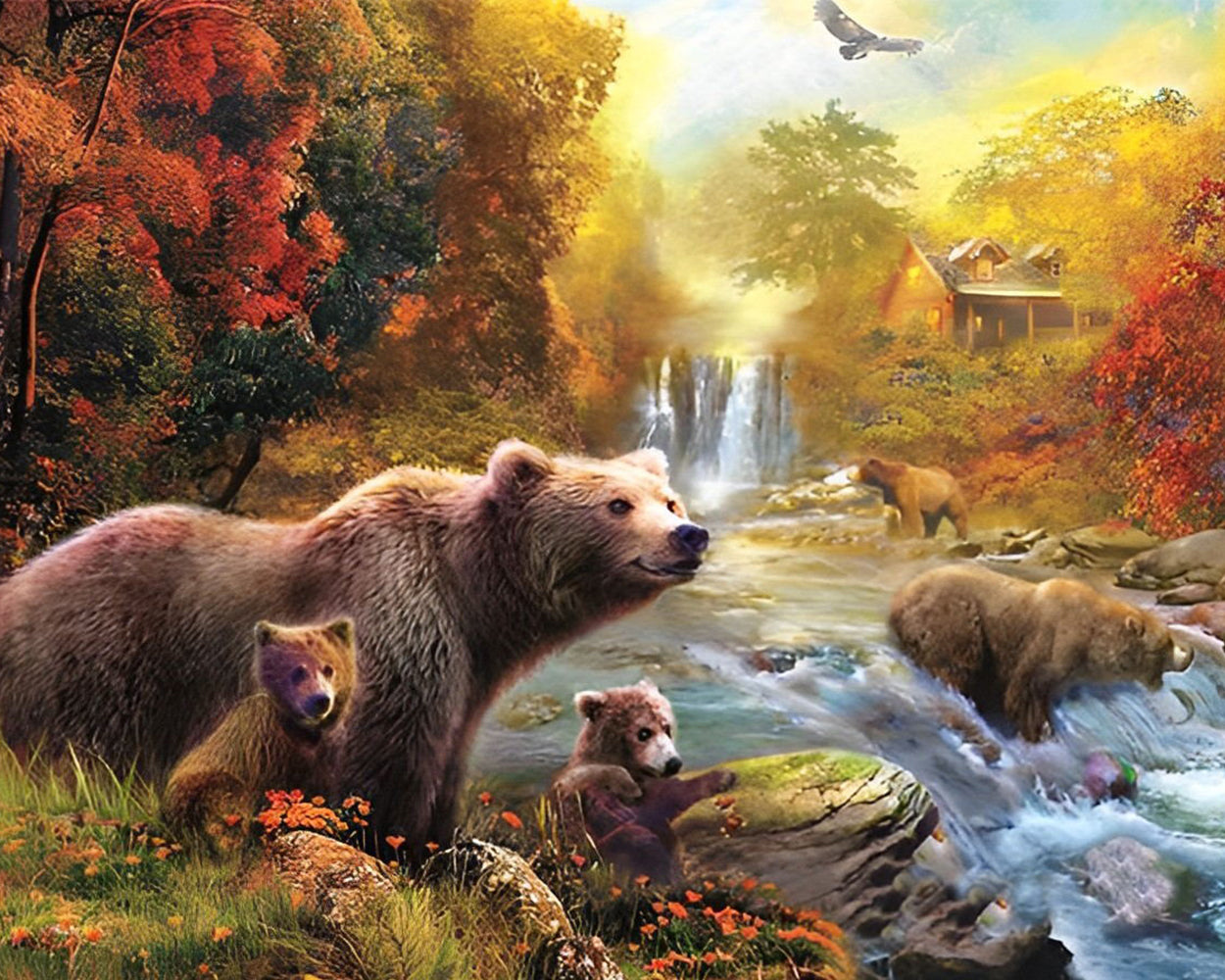 Ours au Bord de la Rivière en Forêt Automnale Broderie Diamant