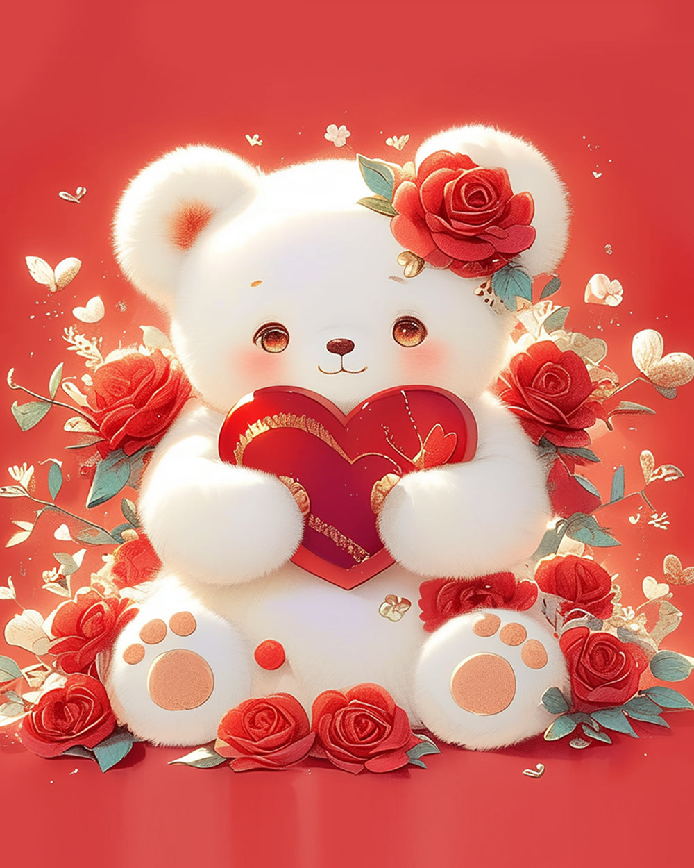 Ours Blanc Animé Tenant Un Cœur Rouge Broderie Diamant
