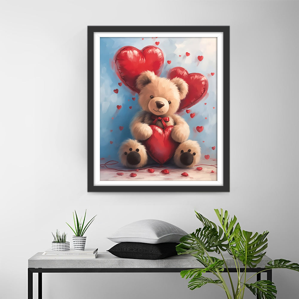 Ours Brun et Ballons en Forme de Cœur Rouge Broderie Diamant