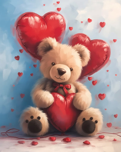 Ours Brun et Ballons en Forme de Cœur Rouge Broderie Diamant