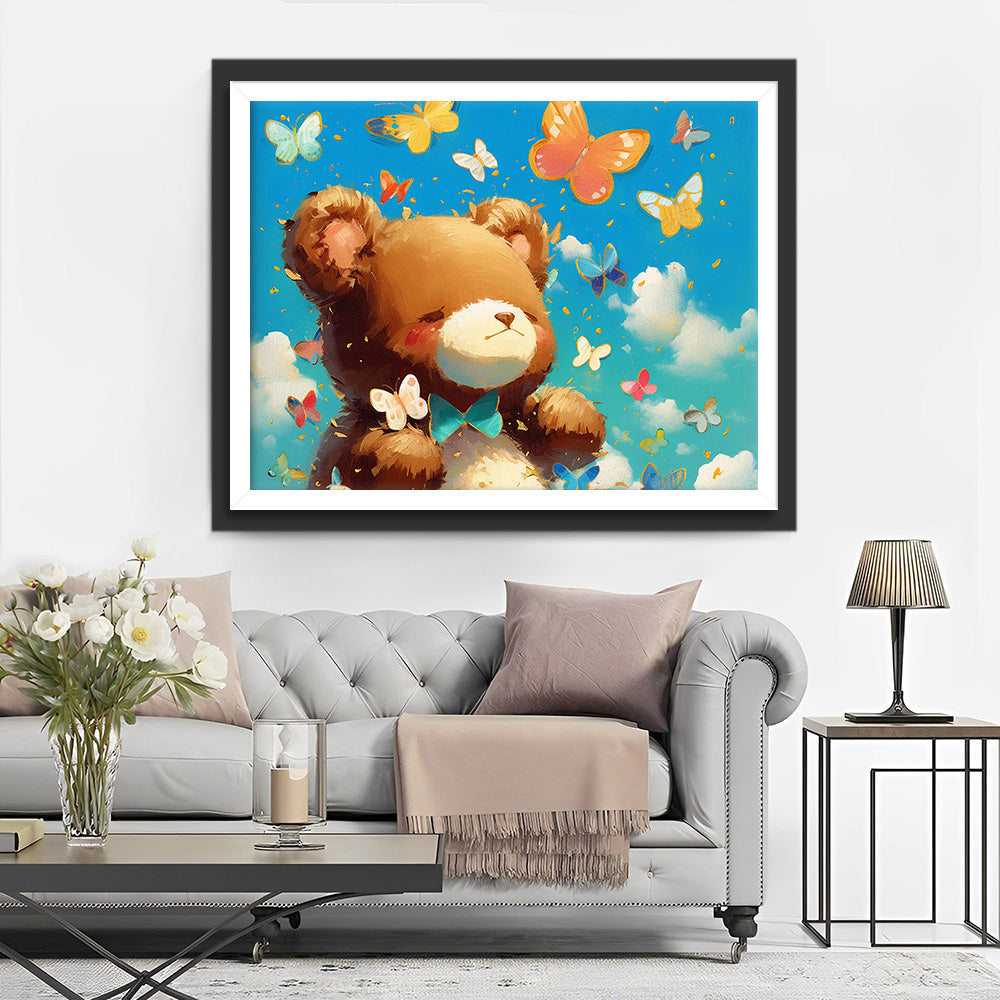 Ours Brun et Papillons Colorés Broderie Diamant