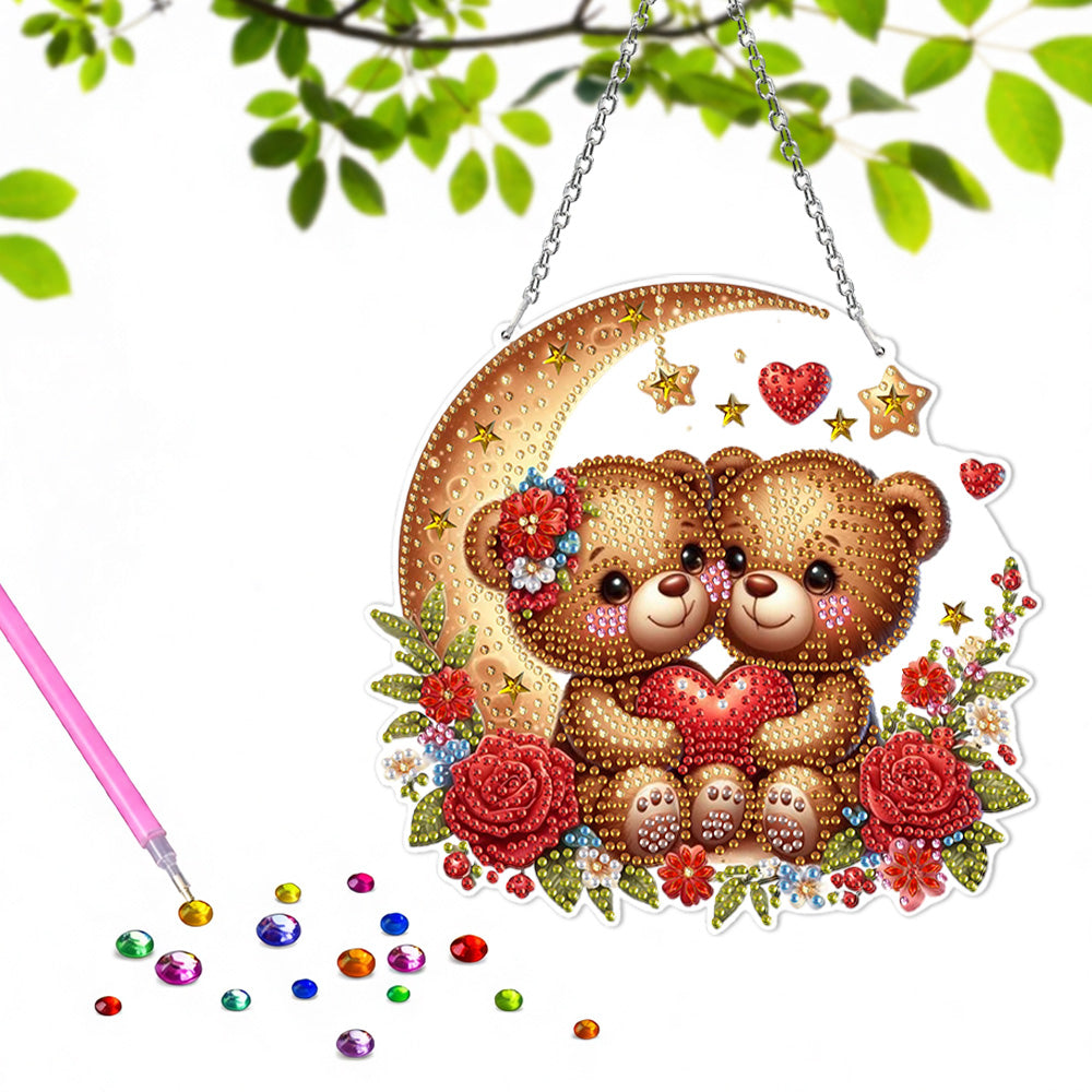 Ours Cartoons Amoureux sur la Lune en Acrylique Pendentif Broderie Diamant