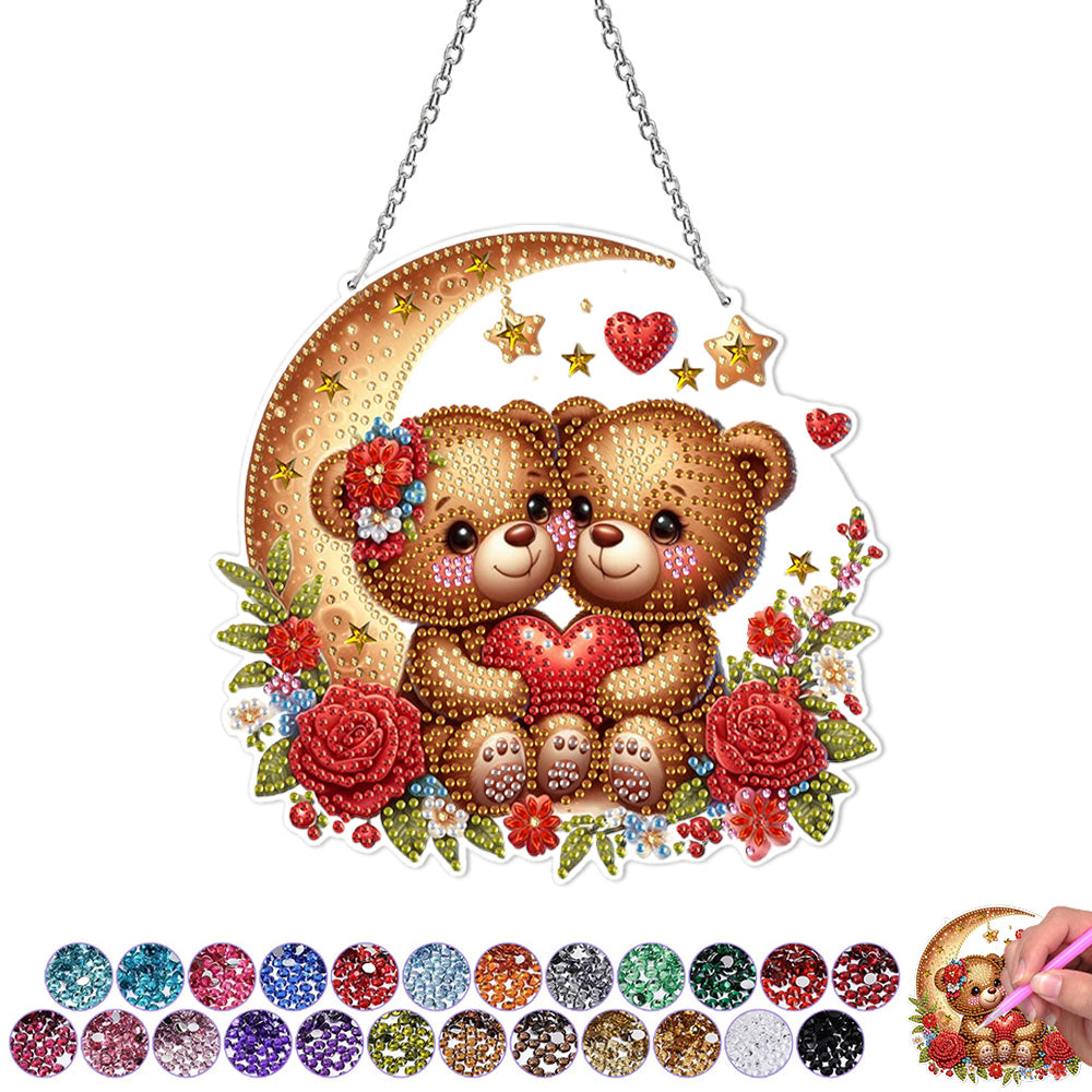 Ours Cartoons Amoureux sur la Lune en Acrylique Pendentif Broderie Diamant