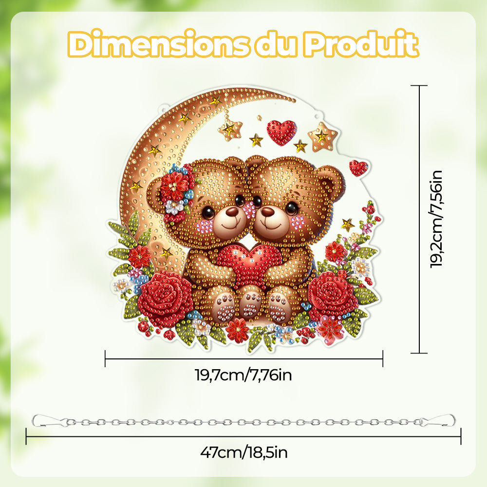 Ours Cartoons Amoureux sur la Lune en Acrylique Pendentif Broderie Diamant