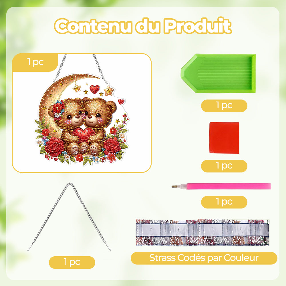 Ours Cartoons Amoureux sur la Lune en Acrylique Pendentif Broderie Diamant