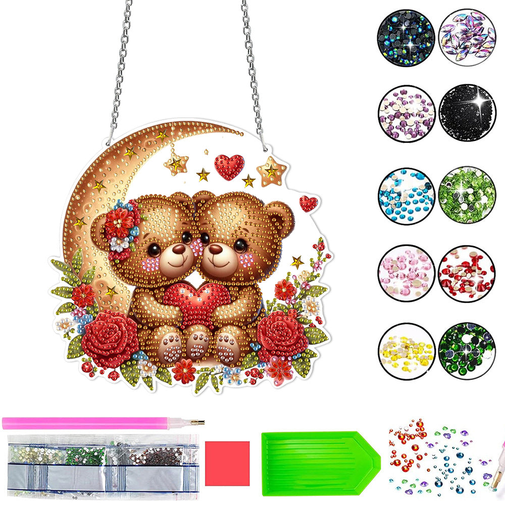 Ours Cartoons Amoureux sur la Lune en Acrylique Pendentif Broderie Diamant