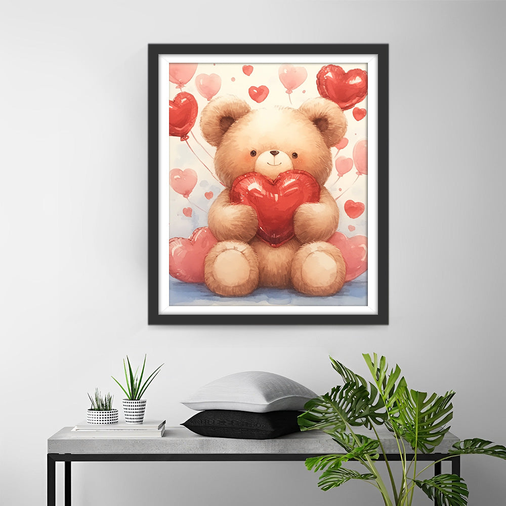 Ours Dessin Animé et Ballons d’Amour Broderie Diamant