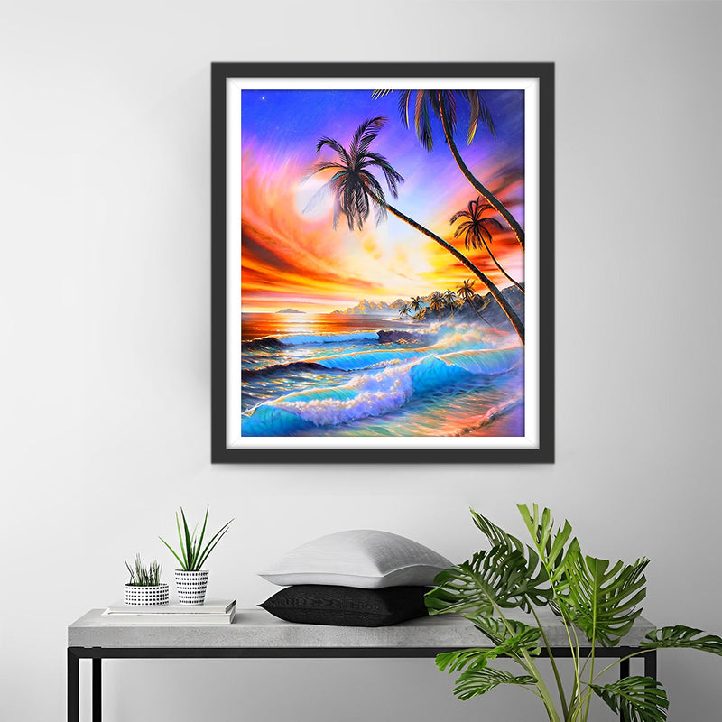Palmiers et Mer au Coucher du Soleil Broderie Diamant