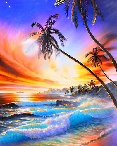 Palmiers et Mer au Coucher du Soleil Broderie Diamant
