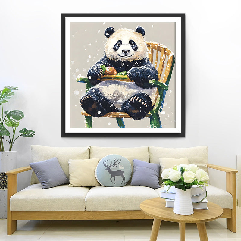 Panda Assis sur une Chaise en Bambou Broderie Diamant