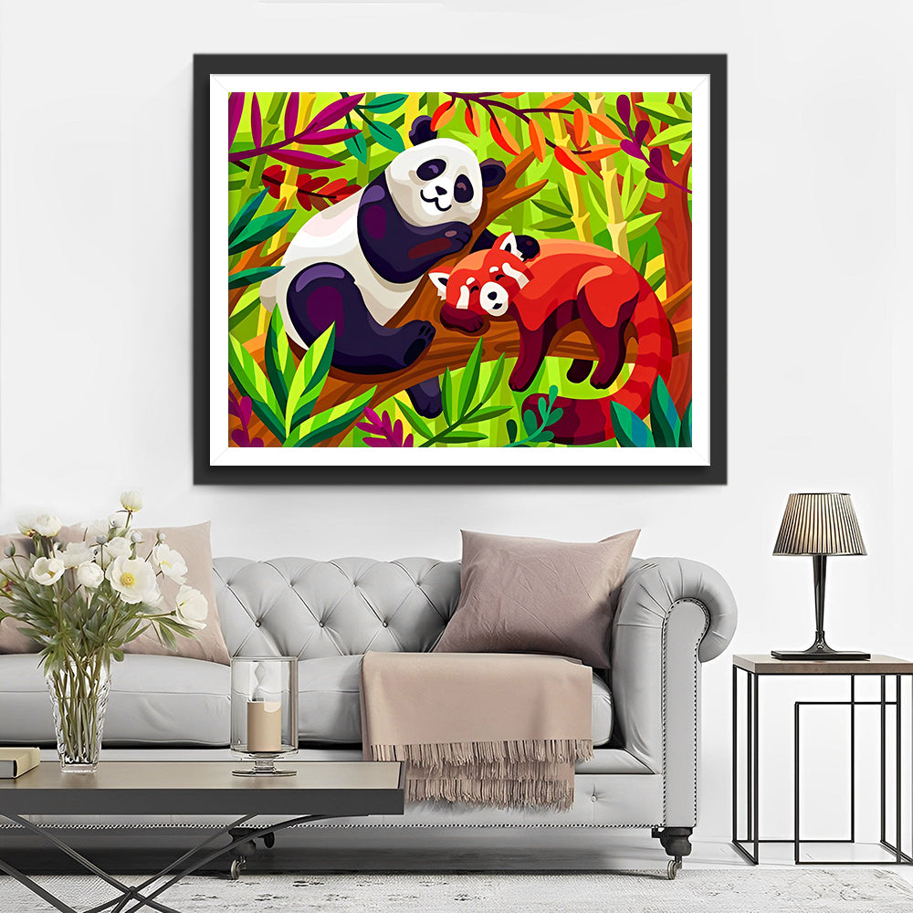 Panda et Panda Roux sur une Branche Broderie Diamant