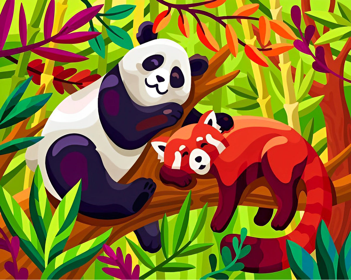 Panda et Panda Roux sur une Branche Broderie Diamant
