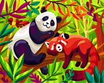 Panda et Panda Roux sur une Branche Broderie Diamant