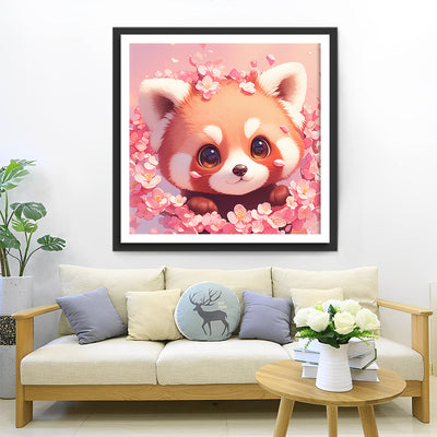 Panda Rouge Mignon et Fleurs Roses Broderie Diamant