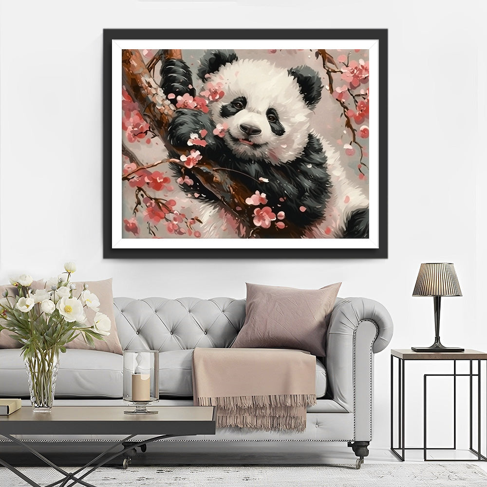 Panda sur un Arbre Fleuri Rose Broderie Diamant