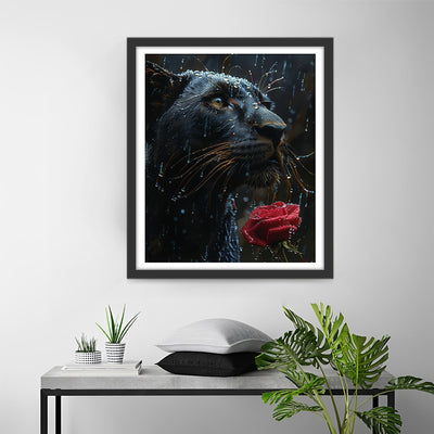 Panthère Noire et Rose Rouge sous la Pluie Broderie Diamant