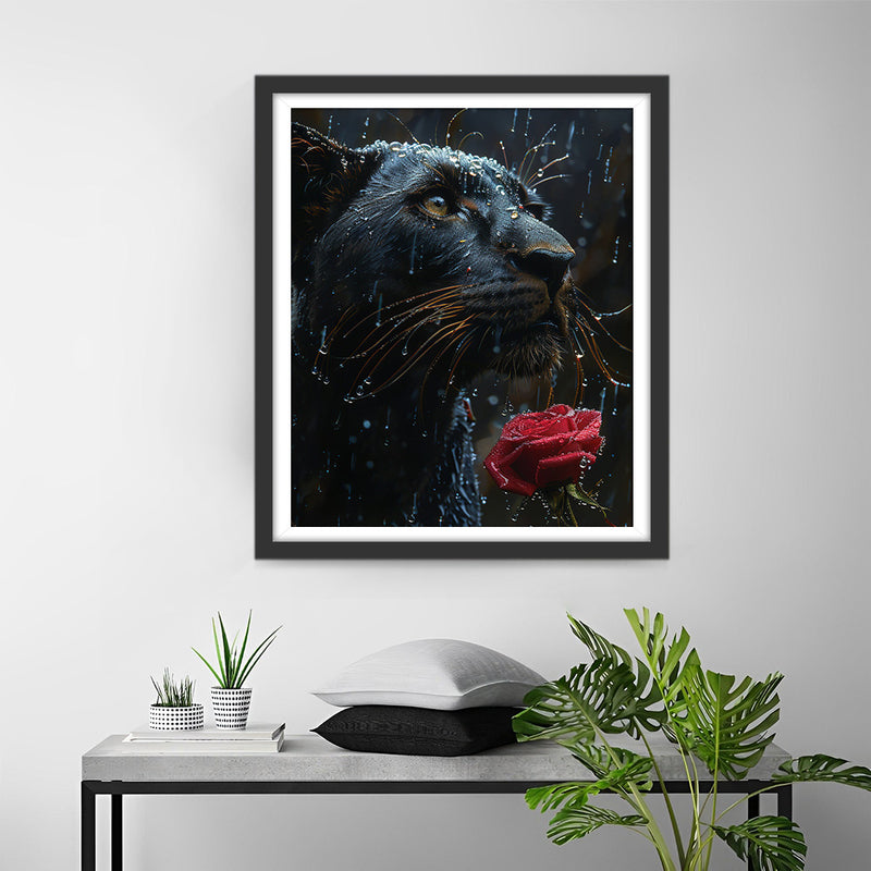 Panthère Noire et Rose Rouge sous la Pluie Broderie Diamant