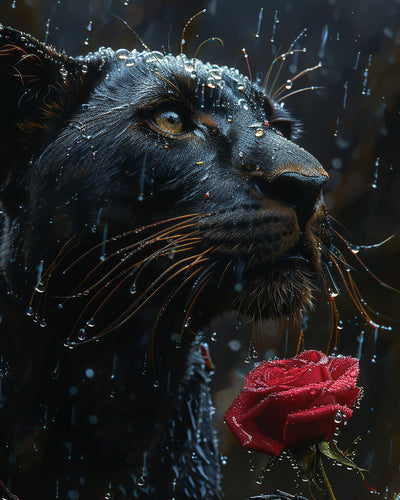 Panthère Noire et Rose Rouge sous la Pluie Broderie Diamant