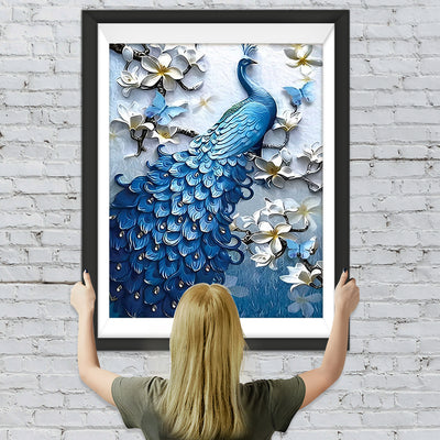 Paon Bleu et les Fleurs Blanches Broderie Diamant