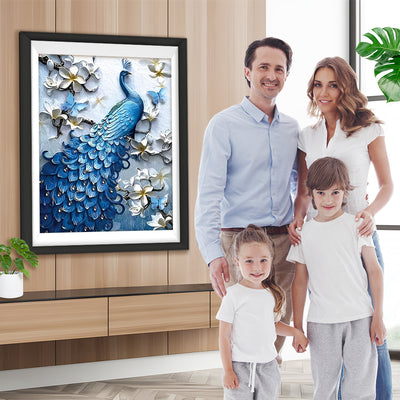 Paon Bleu et les Fleurs Blanches Broderie Diamant