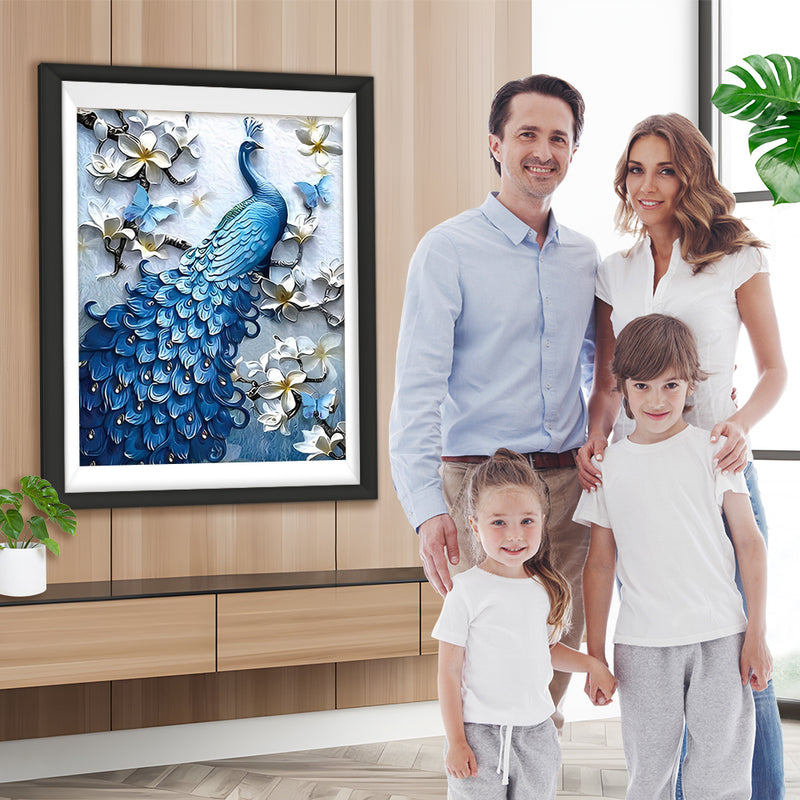 Paon Bleu et les Fleurs Blanches Broderie Diamant