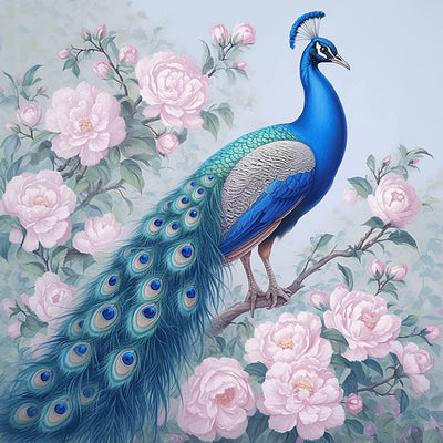 Paon Bleu et Pivoine Rose Broderie Diamant
